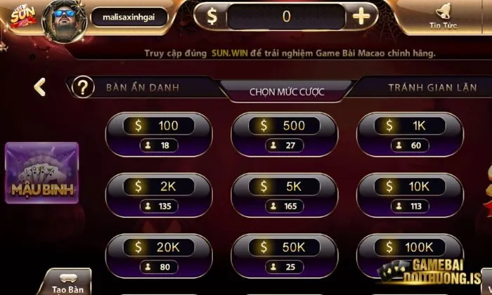 Bài tây sunwin Mậu Binh Sunwin