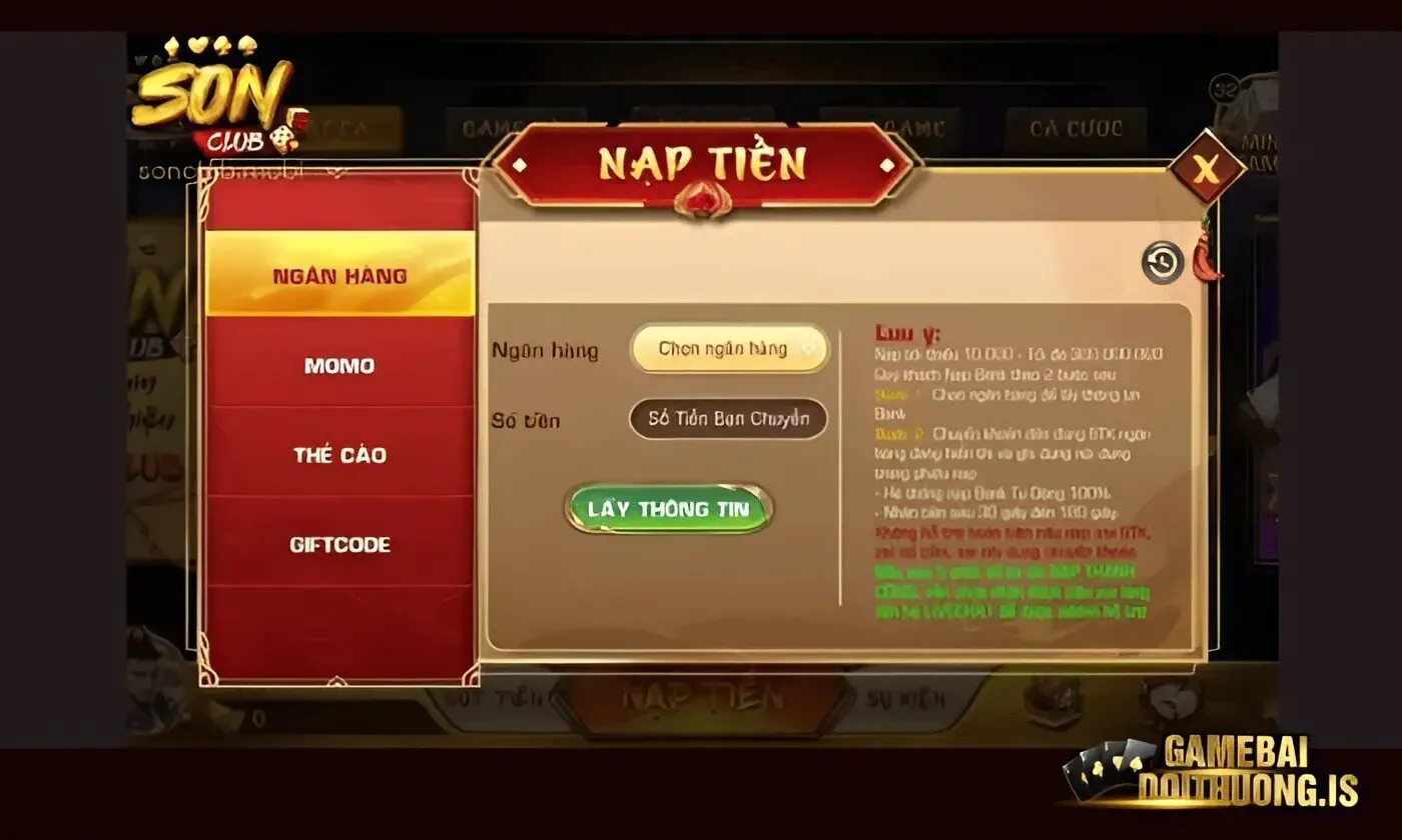 game bài đổi thưởng Sonclub Nạp tiền vào tài khoản