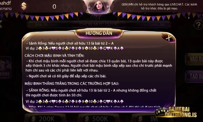 mậu binh Gemwin Cách tính điểm tại mậu binh Gemwin